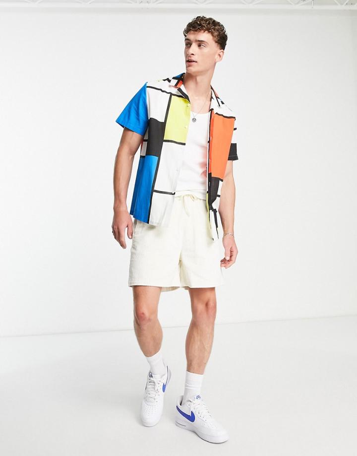 Asos Design Relaxed Revere Shirt In Linen Look Mondrian Print-multi