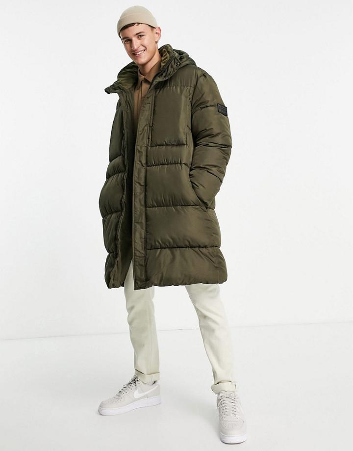 Topman Recycled Longline Puffer Jacket With Hood In Khaki-green