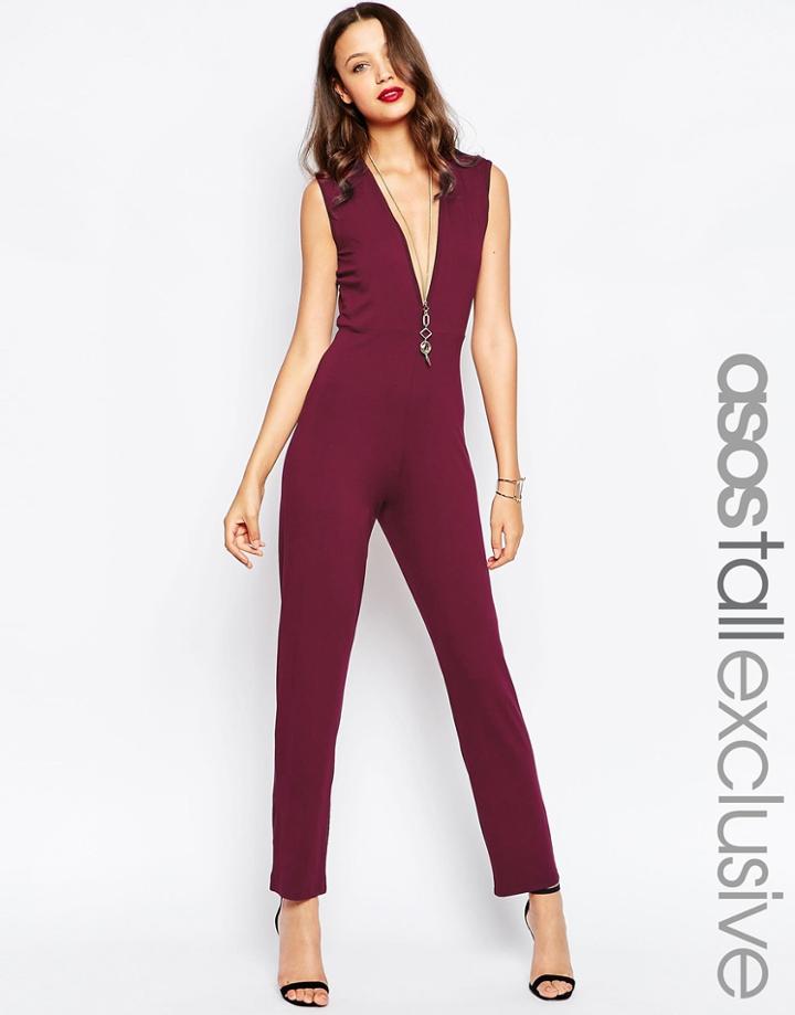 Asos Tall Plunge Sleeveless Jumpsuit - Oxblood