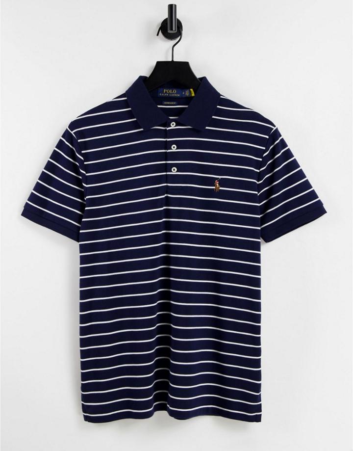 Polo Ralph Lauren Player Logo Stripe Pima Jersey Polo Custom Regular Fit In Navy/white