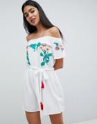Asos Design Floral Embroidered Off Shoulder Dress - White