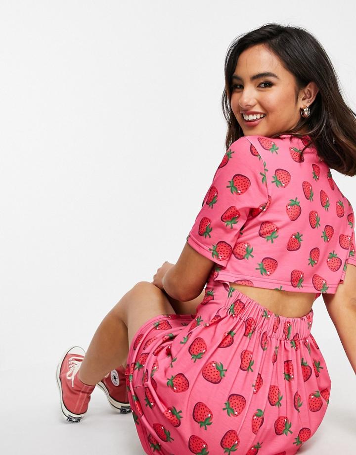 Asos Design Open Back Mini Tshirt Dress In Pink And Red Strawberry Print-multi