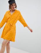 Monki Polka Dot Mini Shirt Dress In Yellow - Orange