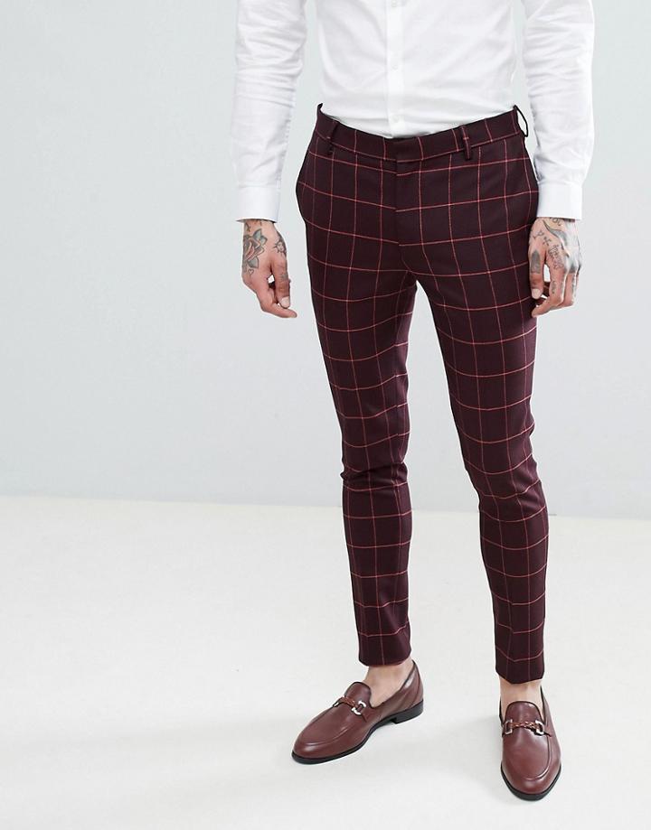 Asos Design Wedding Super Skinny Suit Pants In Wine And Orange Grid Check - Red