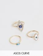 Asos Design Curve Pack Of 3 Eye Rings In Gold Tone - Gold