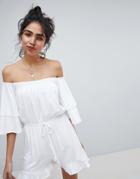 Asos Design Off Shoulder Jersey Romper With Frill Hem-red