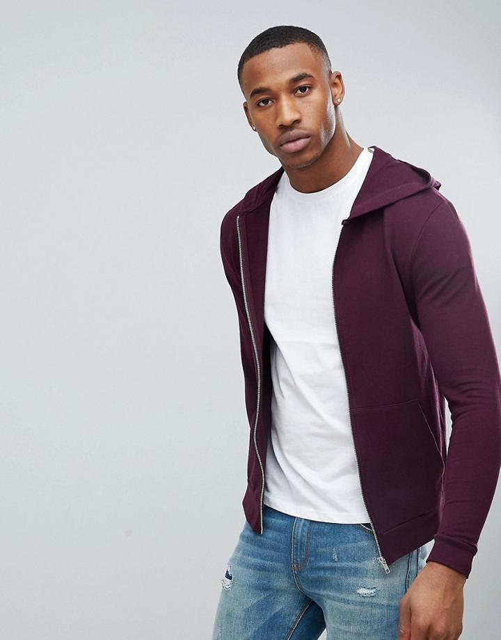 Asos Zip Up Muscle Hoodie In Burgundy - Red