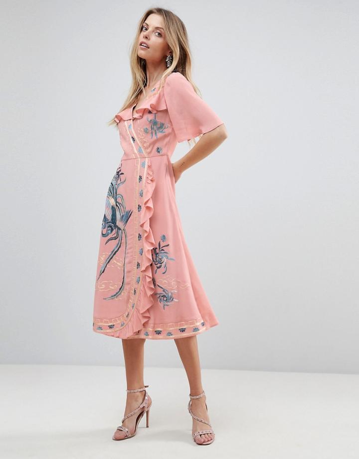 Asos Premium Embroidered Ruffle Wrap Midi Dress - Purple