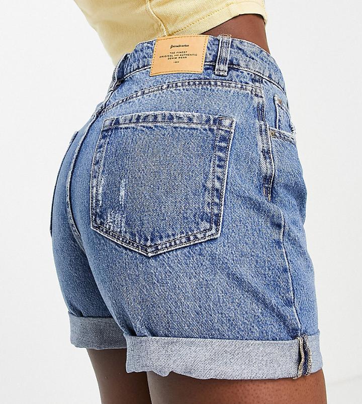 Stradivarius Tall Mom Short In Medium Wash-blues