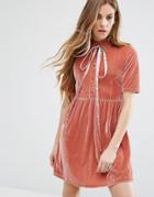 Motel Velvet Dress With Tie Up Bow Neck - Pink