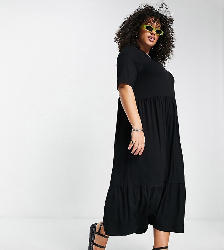 Asos Design Curve Tiered Smock T-shirt Midi Dress In Black