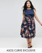 Asos Curve Paperbag Scuba Prom Skirt In Navy Floral - Multi