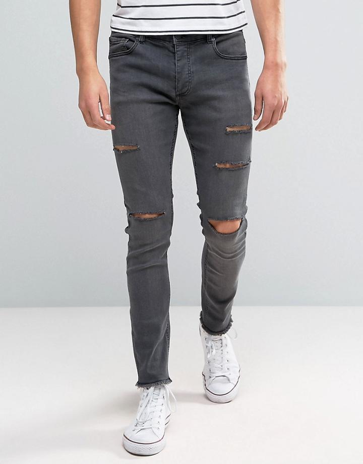Brave Soul Ripped Frayed Hem Skinny Jeans - Gray