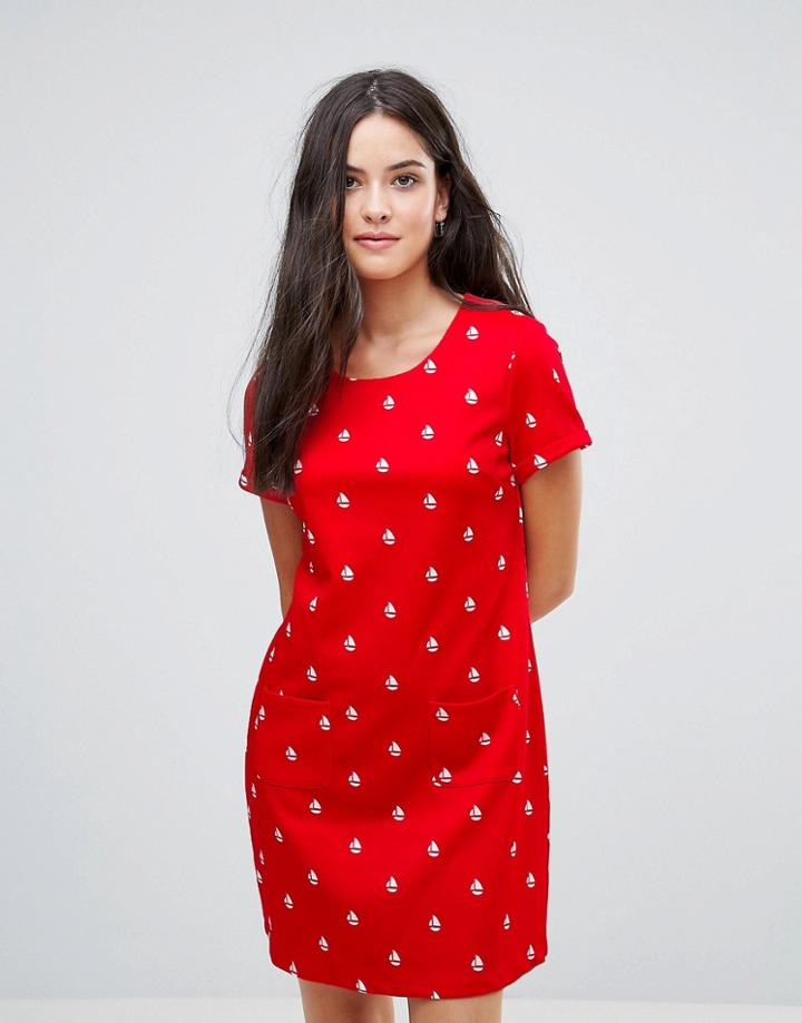 Yumi Shift Dress In Mini Boat Print - Red