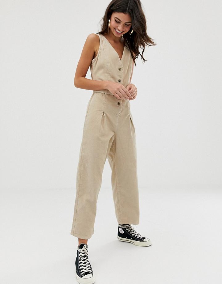 Asos Design Button Through Jumpsuit Cord In Stone-beige