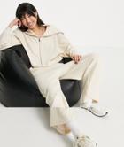 Asos Design Tracksuit Zip Through Hoodie / Culotte Pant In Fluffy Texture In Beige-white