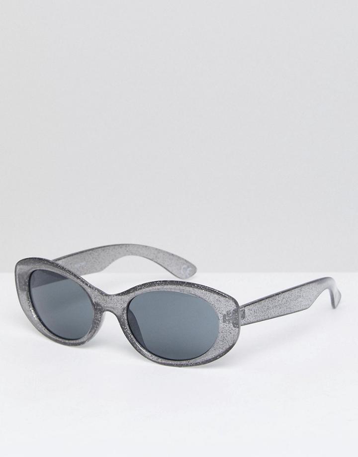 Asos Oval Sunglasses In Black Glitter Frame With Smoke Lens - Black