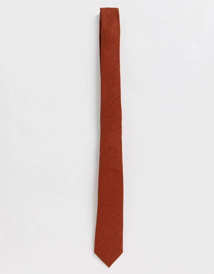 Asos Design Wedding Slim Tie In Textured Rust - Orange