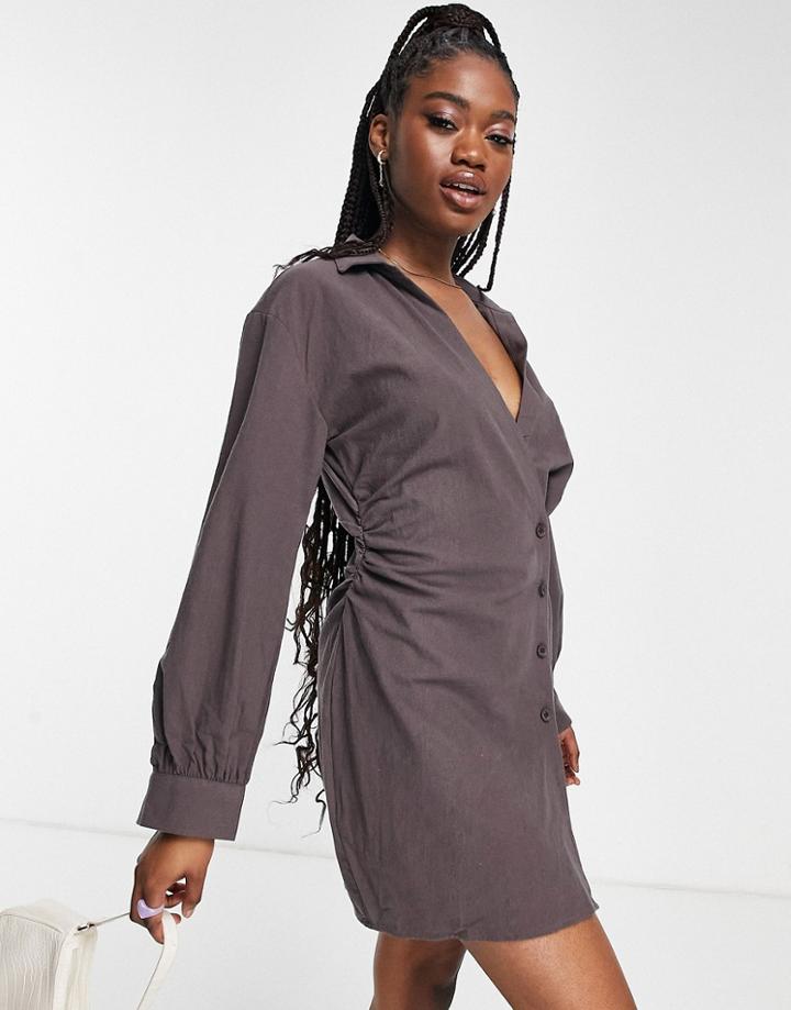 Lola May Open Collar Shirt Dress In Chocolate Brown