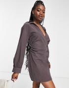 Lola May Open Collar Shirt Dress In Chocolate Brown