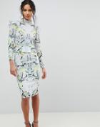 Hope & Ivy Mirrored Floral Printed Long Sleeve Pencil Dress With Ruffle Trim - Multi