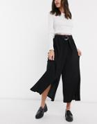 Bershka Wide Leg Cropped Plisse Pants With Split Front In Black
