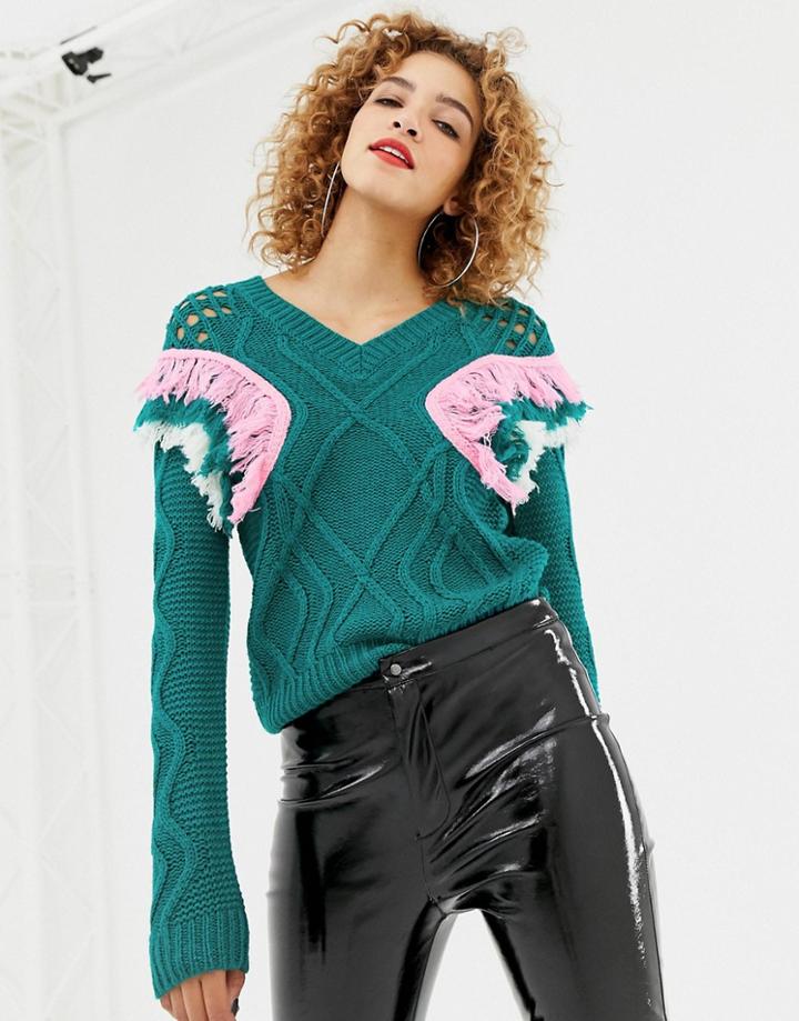 Noisy May Frill Shoulder Cable V- Neck Sweater-green