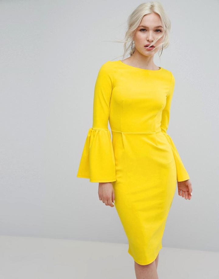 Club L Pencil Dress With Extreme Frill Sleeve - Yellow