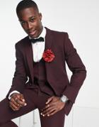 Asos Design Skinny Wool Mix Suit Jacket In Basketweave Texture In Burgundy-red