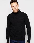 Asos Lambswool Roll Neck Sweater With Horizontal Rib - Charcoal