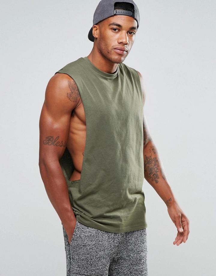 Asos Sleeveless T-shirt With Extreme Dropped Armhole In Khaki - Green