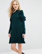Asos Sweater Dress With Ruffle Shoulder - Green