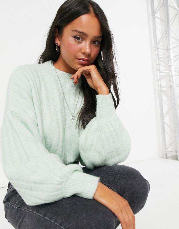 Bershka Wide Ribbed Volume Sleeve Sweater In Mint Green
