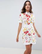 Asos Design Premium Embroidered Mini Dress With Open Back - Cream