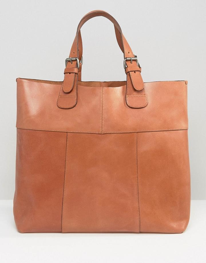 Pieces Leather Tote Bag - Cognac