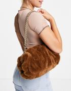 Asos Design Oversized Ruched Clutch Bag In Brown Faux Fur With Detachable Shoulder Chain-purple