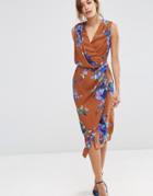 Asos Drape Front Midi Dress In Brown Floral - Multi