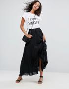 Asos Pleated Maxi Skirt With Button Detail - Black