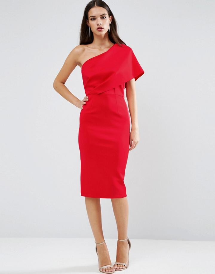 Asos One Shoulder Scuba Deep Fold Midi Dress With Exposed Zip - Red