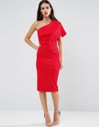 Asos One Shoulder Scuba Deep Fold Midi Dress With Exposed Zip - Red