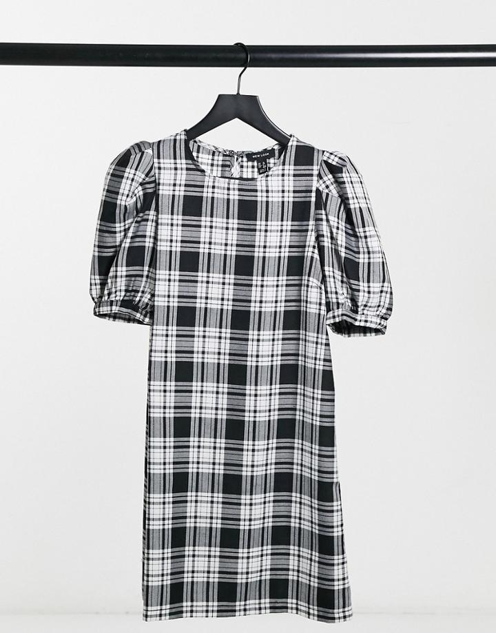 New Look Puff Sleeve Tunic Mini Dress In Black Plaid-red