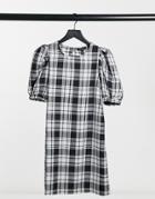 New Look Puff Sleeve Tunic Mini Dress In Black Plaid-red