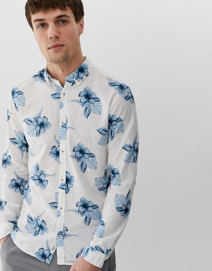 Jack & Jones Premium Long Sleeve Printed Floral Linen Shirt In White