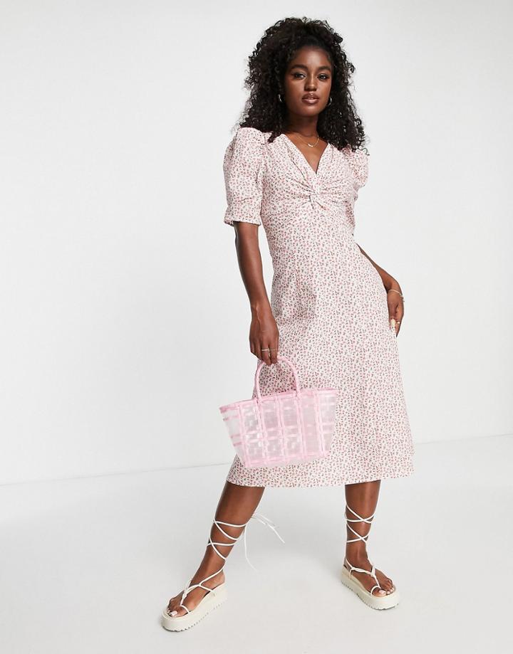 Urban Revivo Puff Sleeve Midi Dress In Pink Floral Print