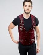 Asos Skinny Vest In Burgundy Velvet With Embroidery - Red