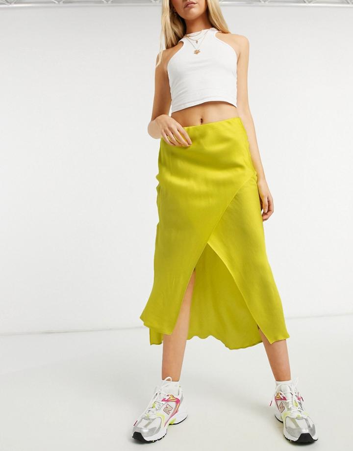 River Island Bias Satin Midi Skirt In Yellow