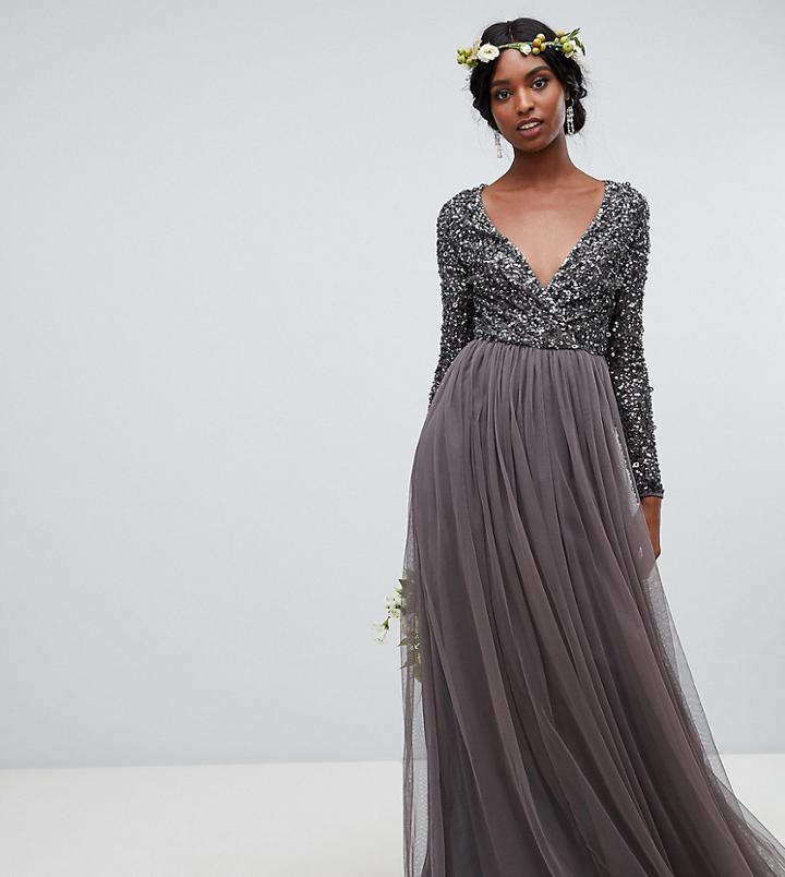 Maya Tall Long Sleeve Wrap Front Maxi Dress With Delicate Sequin And Tulle Skirt In Charcoal - Gray