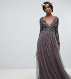 Maya Tall Long Sleeve Wrap Front Maxi Dress With Delicate Sequin And Tulle Skirt In Charcoal - Gray