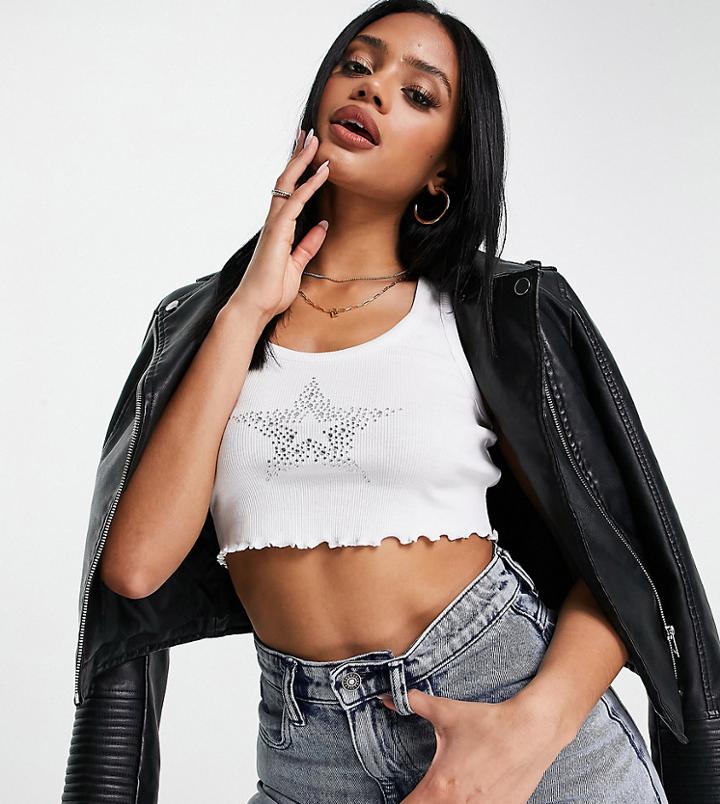Asyou Lettuce Edge Crop Tank With Rhinestone Detail In White
