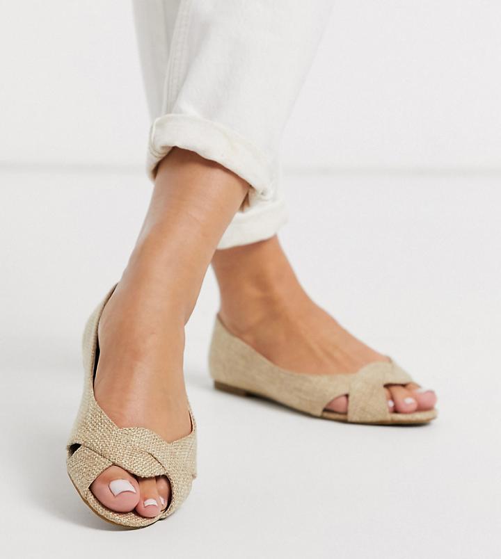 Asos Design Wide Fit Leadership Peeptoe Ballet Flats In Natural-neutral